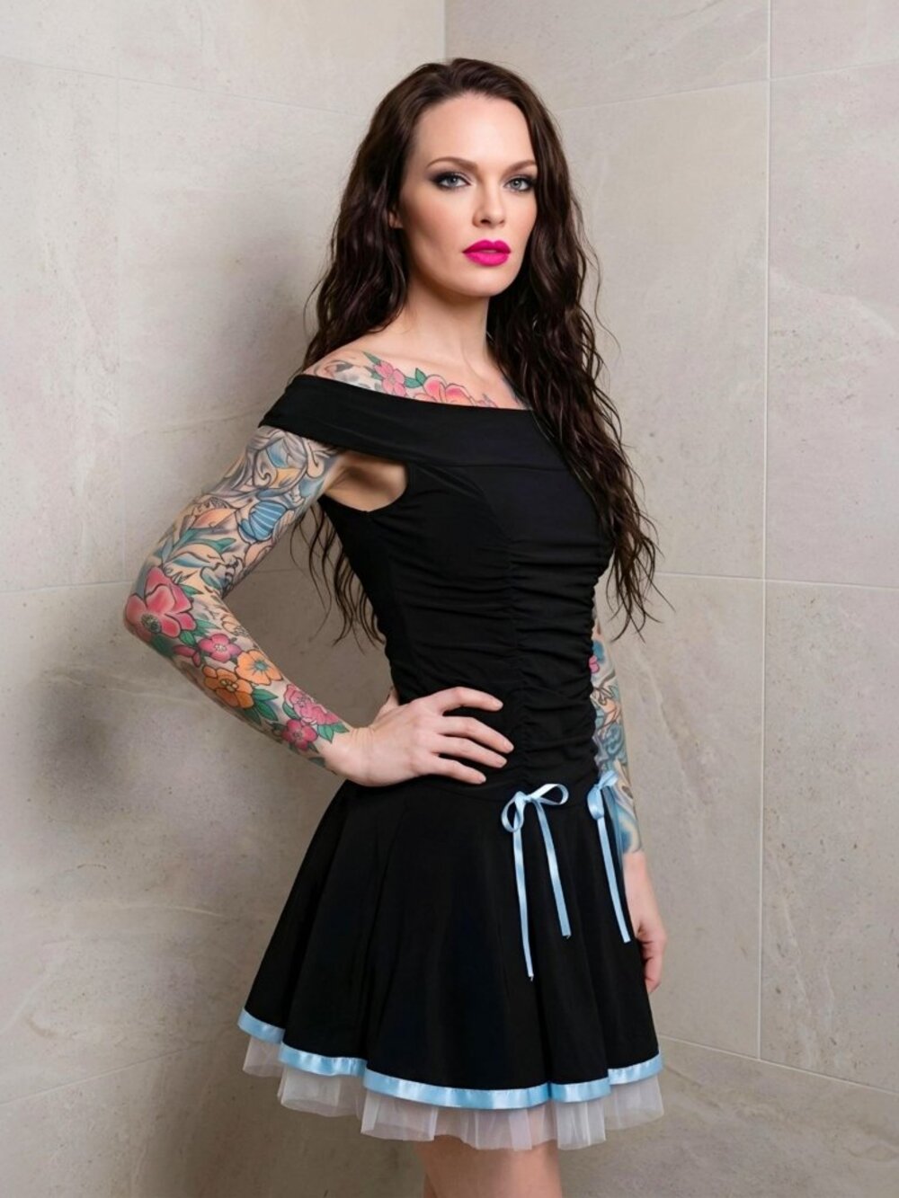 Taboo Vintage Off Shoulder Dress Black Blue Satin Bow Tulle Trim Y2K Goth Sz S